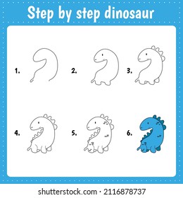 Drawing lesson for children. How draw a cartoon dinosaur. Drawing tutorial with funny cartoon dragon. Step by step repeats the picture. Kids activity art page for book.