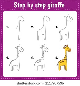 Drawing lesson for children. How to draw girafee. Drawing tutorial. Step by step repeats the picture. Kids activity art page for book. Vector illustration.