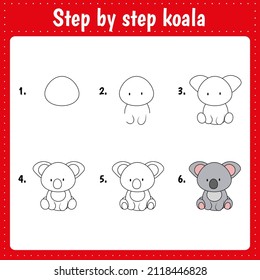 Drawing lesson for children. How draw koala. Drawing tutorial with funny animal. Step by step repeats the picture. Kids activity art page for book. Vector illustration.