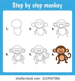 Drawing lesson for children. How draw monkey. Drawing tutorial with funny animal. Step by step repeats the picture. Kids activity art page for book. Vector illustration.