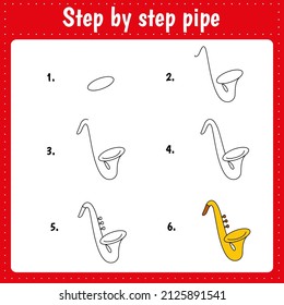 Drawing lesson for children. How draw a pipe. Drawing tutorial. Step by step repeats the picture. Kids activity art page for book. Vector illustration.