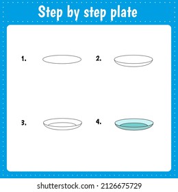Drawing lesson for children. How draw a plate. Drawing tutorial. Step by step repeats the picture. Kids activity art page for book. Vector illustration.