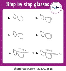 Drawing lesson for children. How draw a glasses. Drawing tutorial. Step by step repeats the picture. Kids activity art page for book. Vector illustration.