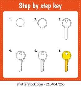 Drawing lesson for children. How draw a key. Drawing tutorial. Step by step repeats the picture. Kids activity art page for book. Vector illustration.