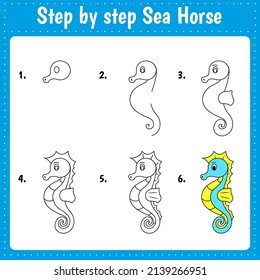 Drawing lesson for children. How draw a sea horse. Drawing tutorial. Step by step repeats the picture. Kids activity page for book. Vector illustration.