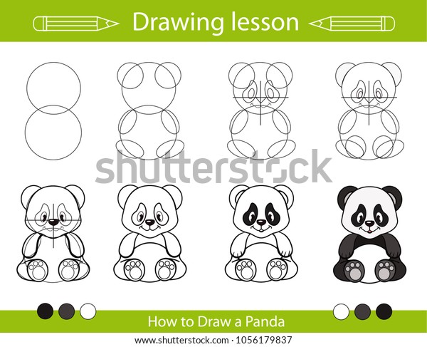 Drawing Lesson Children How Draw Panda Arkivvektor Royaltyfri 1056179837