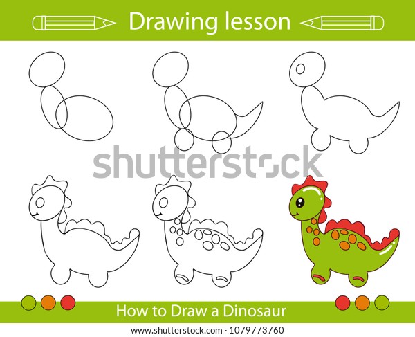 Drawing lesson for children. How draw a cartoon dinosaur. Drawing