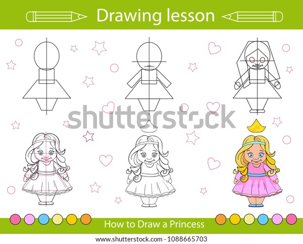 Drawing lesson for children. How draw a cartoon cute little girl