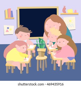 Drawing lesson, the children with the teachers paint plant. Students sitting at desks in classroom