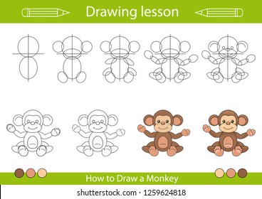 Drawing lesson for children. Tutorial drawing a cute monkey. Step by step repeats the picture. Actives worksheets with cartoon animals. Kids funny activity art page. Vector illustration.