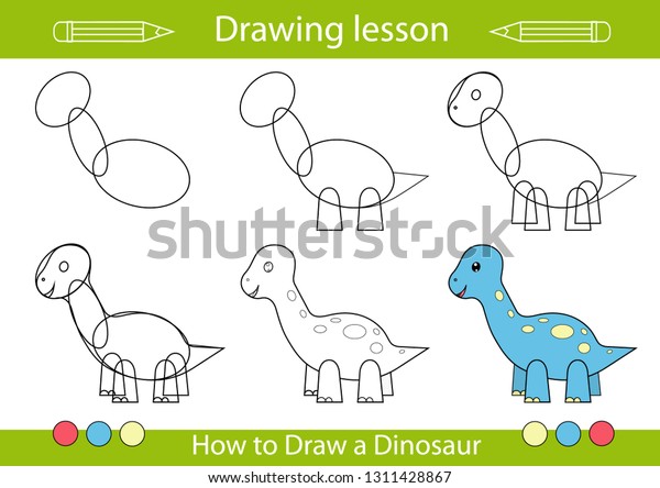 Drawing lesson for children. Tutorial drawing a cute dinosaur. Step by