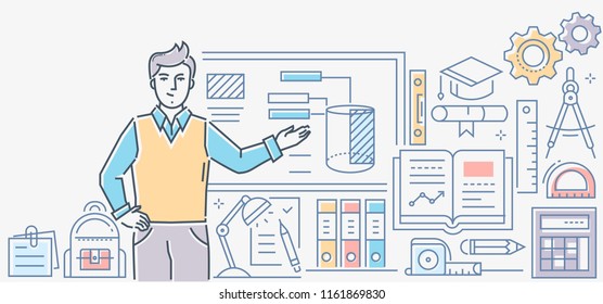 Drawing lesson - colorful line design style illustration on white background. A composition with a male teacher standing at the board showing infographic charts. Images of tools, calculator, book