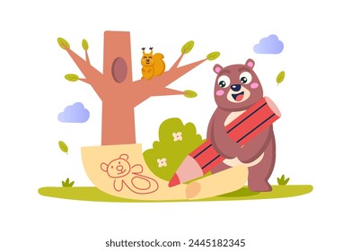 Drawing lesson concept with character scene in flat cartoon design. A very cute bear learns to draw in the middle of the forest. Vector illustration.
