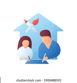 Drawing lesson flat icon. Child learns to paint with dad. Home education concept. Distant remote teaching and homeschooling. Isolated color vector illustration 