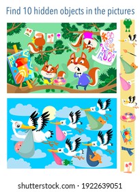 Drawing Lesson In Forest. Storks And Newborns. Find 10 Hidden Objects In The Pictures. Vector Illustrations, Full Color. 