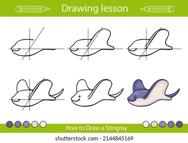 Drawing lesson. How to draw a sea stingray? Educations worksheet and activity page. Tutorial step by step. Children art vector illustration.