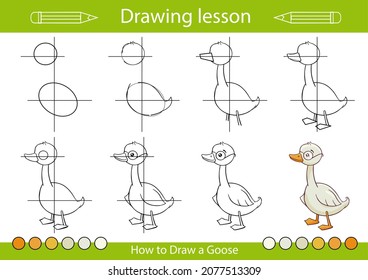 Drawing lesson. How to draw tutorial step by step a cute goose. Kids drawing activity page. Children worksheet. Vector illustration.