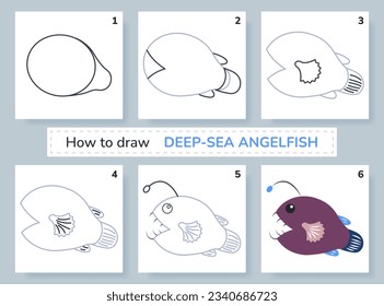 Drawing lesson for kids. How to draw deep-sea angelfish. 