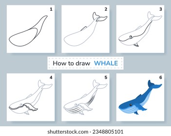 Drawing lesson for kids. How to draw whale. 