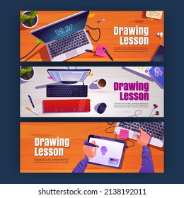 Drawing lesson posters with digital artist workplace top view. Vector horizontal banners of online painting education with cartoon table, graphic tablet, laptop, notebooks and person hands