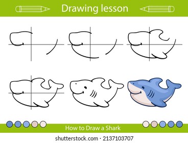 Drawing lesson a Shark. How to draw tutorial step by step. Kids drawing worksheet and activity page. Children vector illustration.