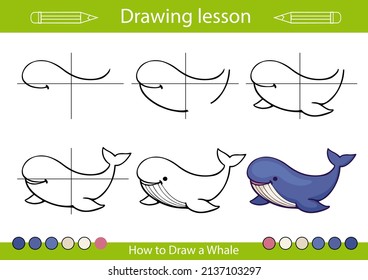 Drawing lesson a whale. How to draw for children tutorial step by step. Kids drawing worksheet and activity page. Children vector illustration.