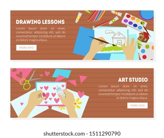 Drawing Lessons, Art Studio Landing Page, Creating Handmade Work Banner, Creativity Lesson or Workshop for Kids Vector Illustration