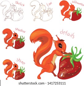 Drawing lessons in the vector. Stages of work on the illustration. Happy little squirrel with a big strawberry.