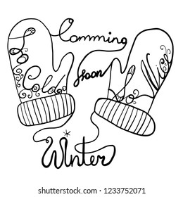 drawing a letter in the style of a continuous line, warm knitted mittens and letters of woolen threads, winter card, hand-drawn digital vector illustration