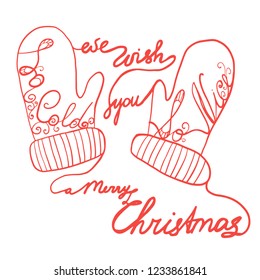 drawing, lettering, style of a continuous line, warm knitted mittens and letters of woolen threads, winter card, hand-drawn digital vector illustration