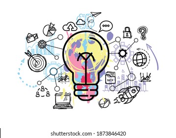 Drawing  light bulb with creative business strategy plan. Cartoon character flat vector illustration.