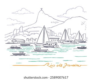 Drawing in light and delicate lines of the coastal landscape of the city of Rio de Janeiro, Brazil. Art for printing on t-shirts, decoration and other uses.