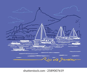 Drawing in light and delicate lines of the coastal landscape of the city of Rio de Janeiro, Brazil. Art for printing on t-shirts, decoration and other uses.