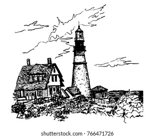 drawing of a lighthouse and caretaker's house by the sea, sketch, hand-drawn vector illustration