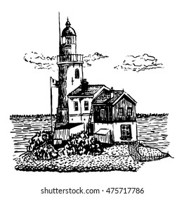 drawing lighthouse with a two-story home of a lighthouse keeper on the island, sketch, hand-drawn vector illustration