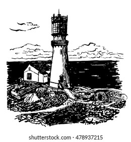 drawing lighthouse with a two-story home of a lighthouse keeper on the island against the sea, sketch, hand-drawn vector illustration