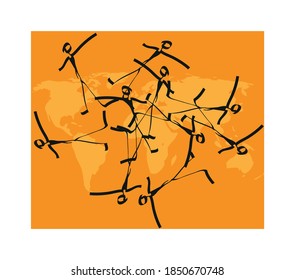Drawing like Lascaux. People silhouettes on the background of an orange world map