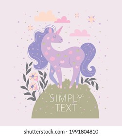 drawing of a lilac unicorn that stands on a hill on a pink background with clouds and stars. template for poster, postcard, invitation.