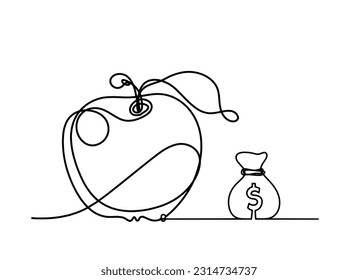 Drawing line apple with dollar on the white background. Vector