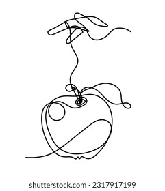 Drawing line apple with hand on the white background. Vector