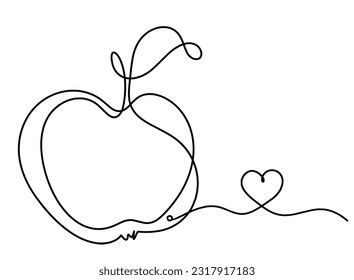 Drawing line apple with heart on the white background. Vector