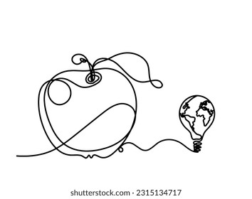 Dibujar una manzana con bombilla en el fondo blanco. Vector