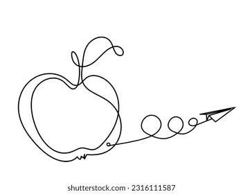 Drawing line apple with paper plane on the white background. Vector