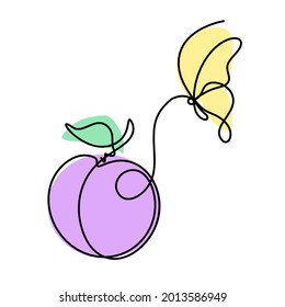 Drawing line apricot (peach, nectarine, plum) with butterfly on the white background. Vector