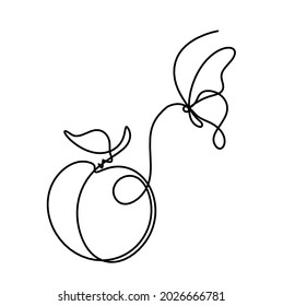 Drawing line apricot (peach, nectarine, plum) with butterfly on the white background. Vector