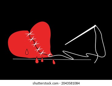 Drawing line art of broken heart was cut and attached with needle and thread. Concept sadness, feeling sorry,alone for red broken heart on black background . Vector illustration.