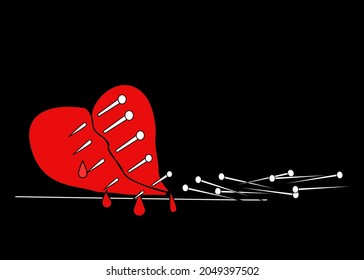 Drawing line art of broken heart was cut and attached with needle .Concept sadness, feeling sorry,alone for red broken heart on black background .Vector illustration.