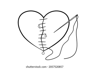 Drawing line art of broken heart was cut and attached with needle and thread. Concept sadness, feeling sorry,alone for red broken heart on black background . Vector illustration 