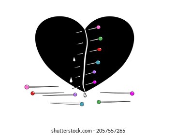 Drawing Line art of Broken heart was cut and attached with many pin,needle and thread brooches.Sadness,Feeling sorry for broken heart. Vector illustration.