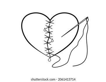 Drawing line art of broken heart was cut and attached with needle and thread. Concept sadness, feeling sorry,alone for red broken heart on black background .Vector illustration.